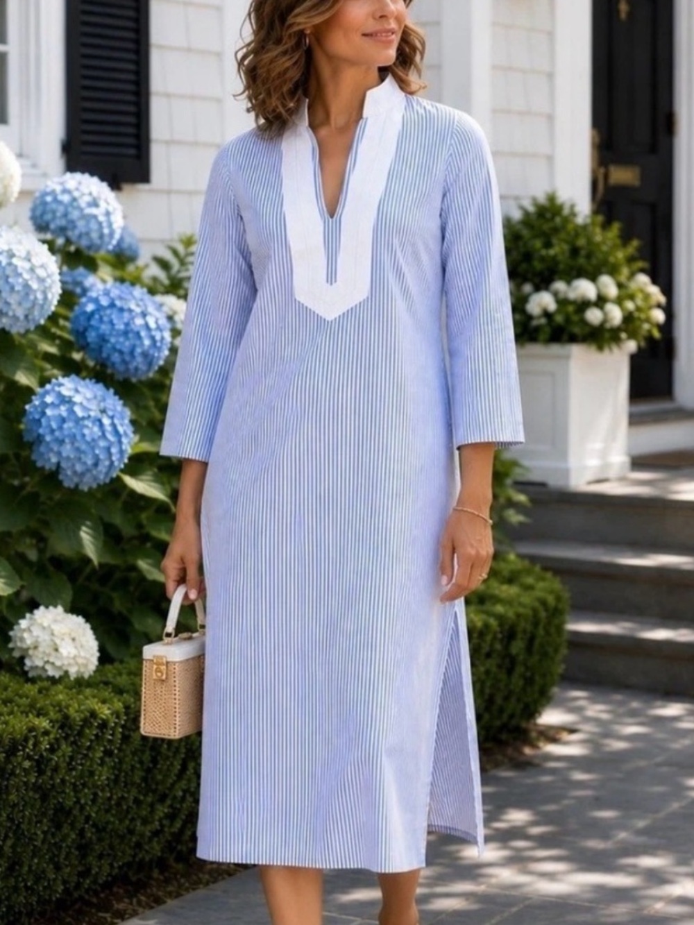 Sail to Sable Caftan Blue Stripe Tucker Western Boho, Cottage Farm Prairie Resor